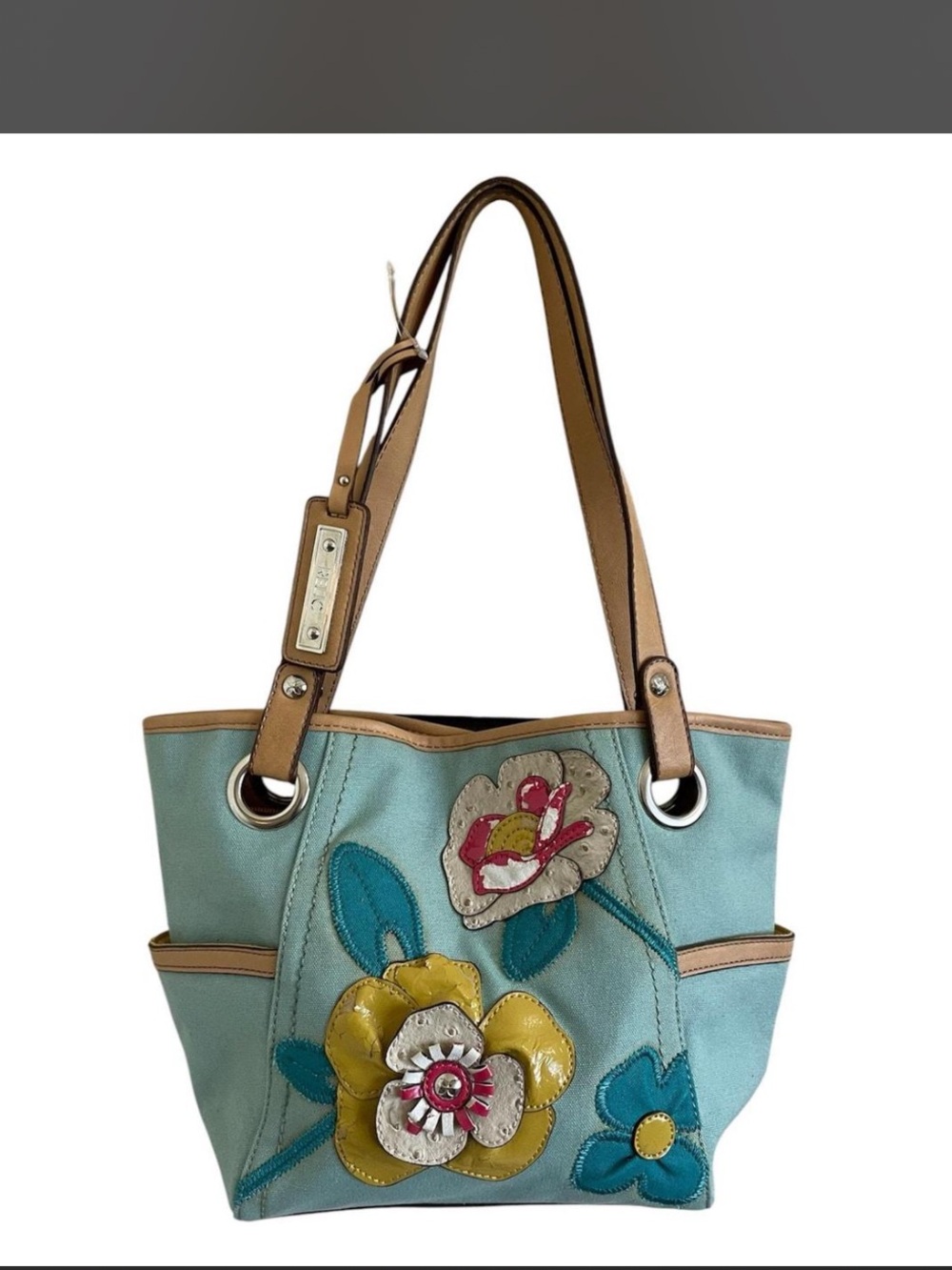 Aqua Canvas Floral Applique Tote Bag Tan Leather Trim